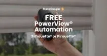 Close-up of a hand holding a black sphere with HunterDouglas PowerView Automation logo, showcasing smart window control technology.
