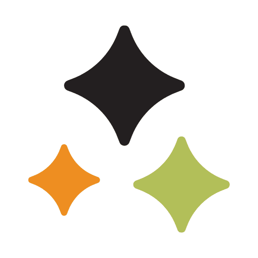 Brightly colored star icons in black, orange, and green, arranged in a triangular pattern on a white background.