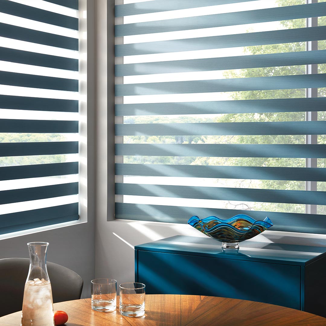 Blue Hunter Douglas Banded Zebra Shades in Edmonton