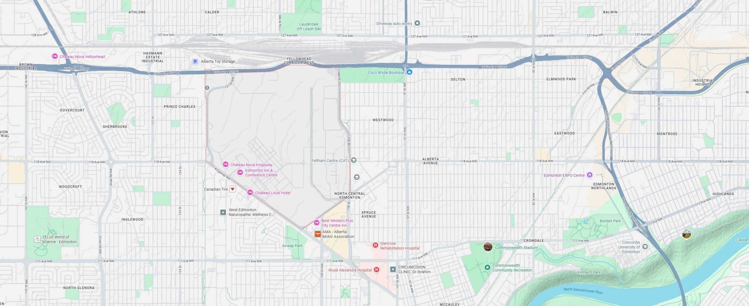 Accessible map of Edmonton showing key locations and landmarks for visually impaired users, highlighting amenities, hospitals, parks, and transportation routes. Ideal for orientation and navigation.