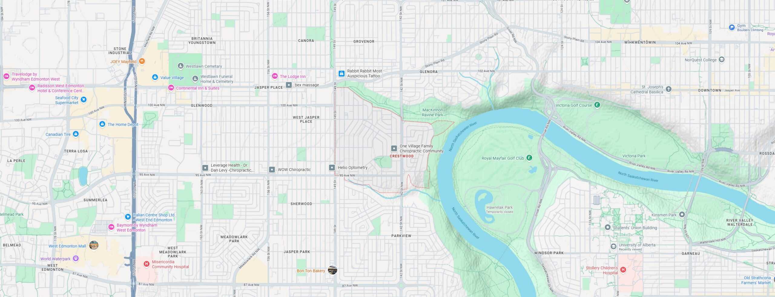 Accessible graphic of a map showing West Edmonton neighborhoods, parks, and landmarks with streets, the North Saskatchewan River, and key points of interest for visually impaired navigation.