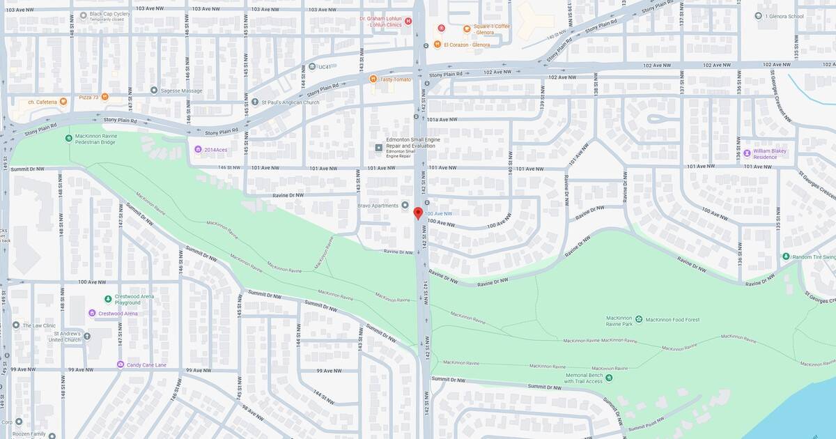 Mackinnon Ravine and surrounding streets, parks, and landmarks in Edmonton, showing detailed street layout and green spaces.