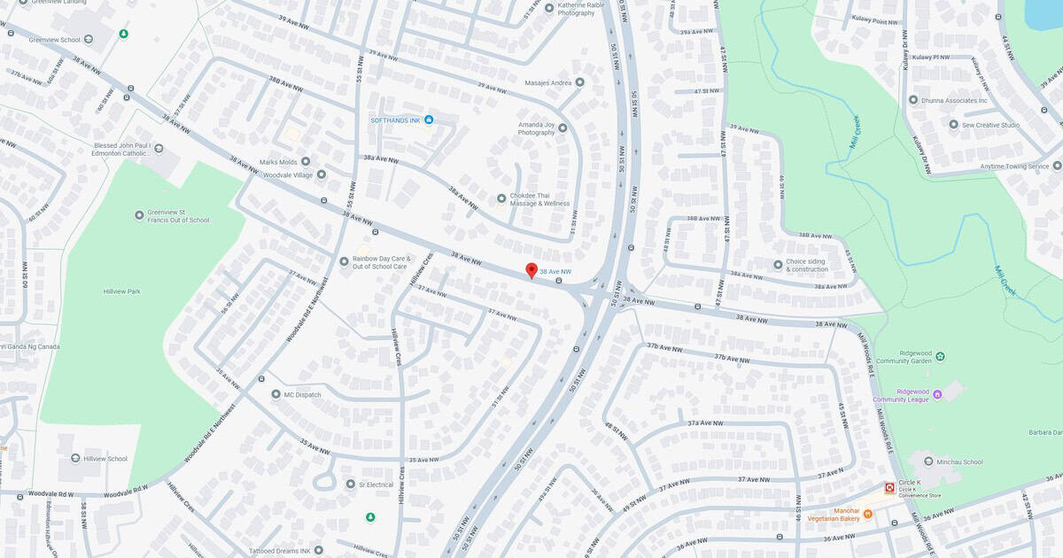 38 Ave NW map location marker, showing a suburban area with streets, parks, and local businesses in Edmonton, Alberta.