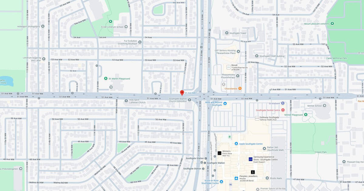 51 Avenue NW and 111 Street NW intersection in Edmonton, Alberta, showing local businesses, parks, schools, and residential areas on a city map.