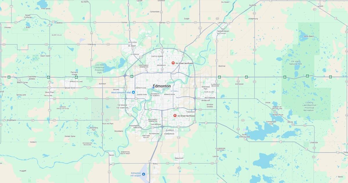 66 Street Northwest in Edmonton, Alberta, Canada, highlighting key areas and neighborhoods within the city. The map features major roads, parks, and landmarks, providing an overview of Edmonton's layout and surrounding regions.