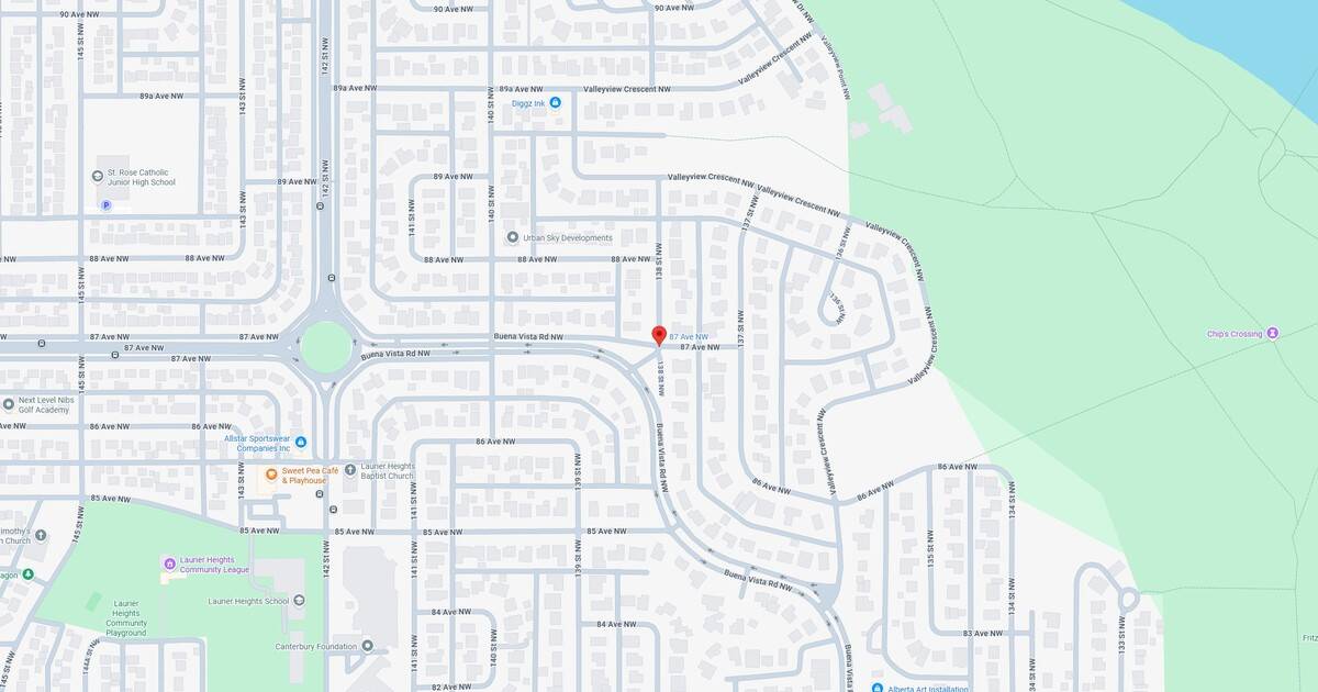 87 Ave NW and 135 St NW residential neighbourhood map in Laurier Heights, Edmonton, showing streets, parks, and local landmarks.