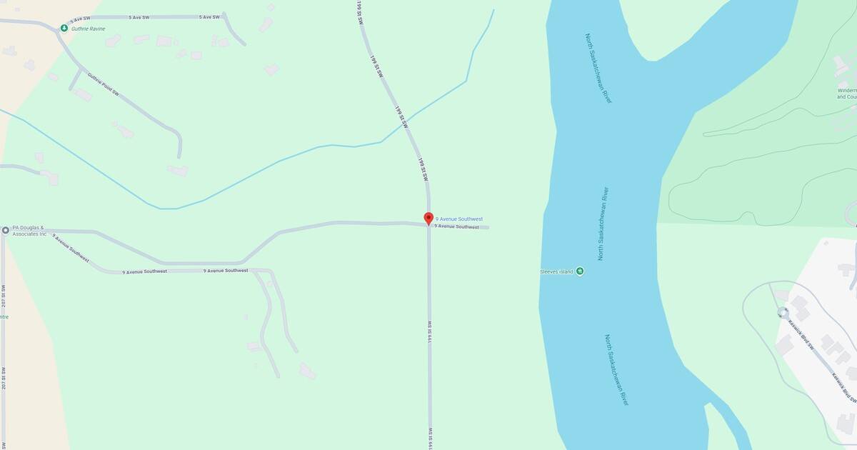 9 Avenue Southwest viewed on a digital map, with nearby roads, the North Saskatchewan River, and surrounding natural features visible.