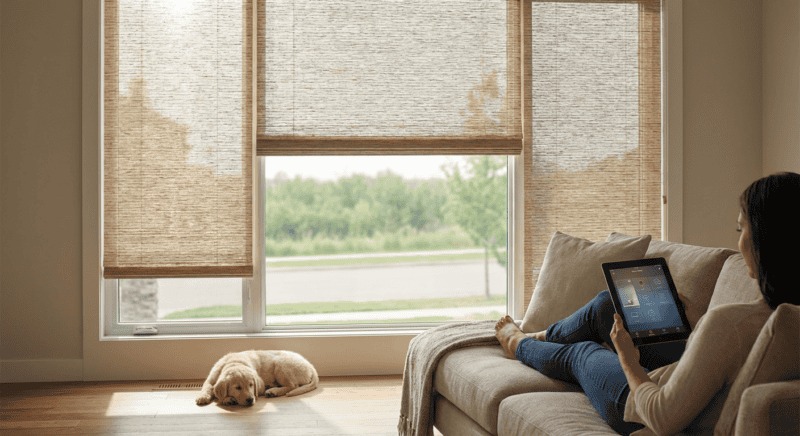 Smart home window blinds, control curtains remotely, energy-saving window treatments, automated blinds for homes, modern home automation, remote window shade control, energy-efficient window solutions, smart living home tech, climate control with automated blinds, innovative home window coverings.