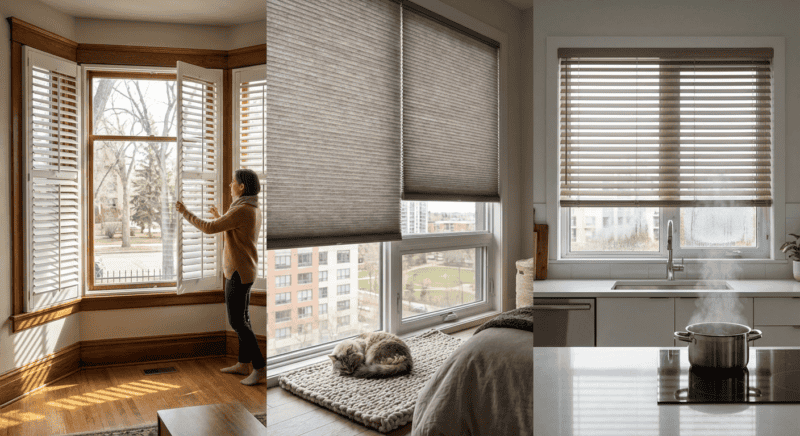 Bright kitchen with modern blinds and steaming pot.