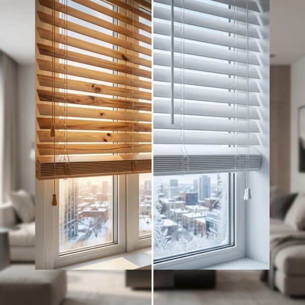 Close-up of wooden Venetian blinds with natural finish, showing adjustable slats for light control in a modern living space.