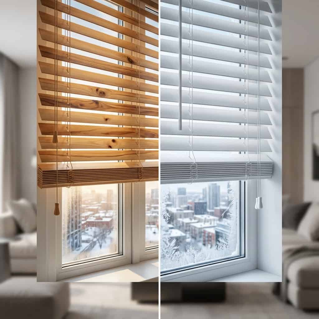 Close-up of wooden Venetian blinds with natural finish, showing adjustable slats for light control in a modern living space.
