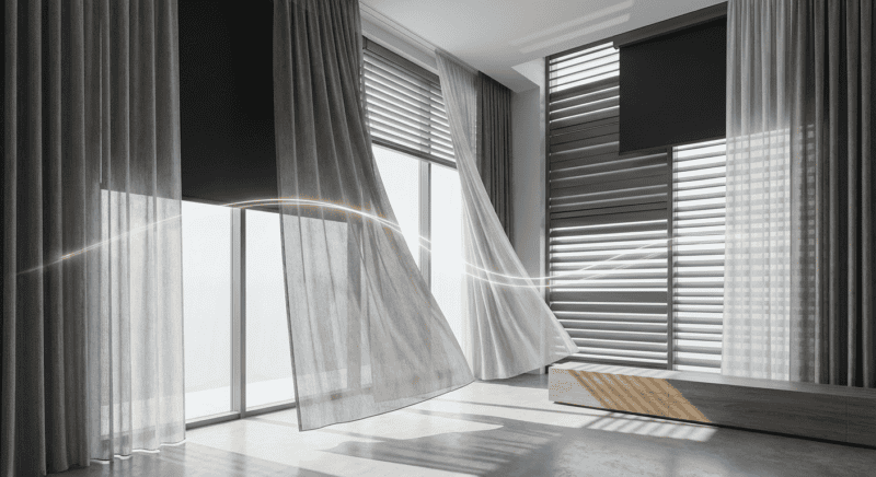 Bright living room with expansive windows, sheer curtains, and contemporary design elements.