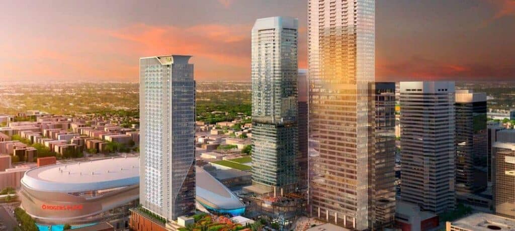 Modern Edmonton Tower skyscrapers in downtown Edmonton at sunset, showcasing urban architecture and cityscape.