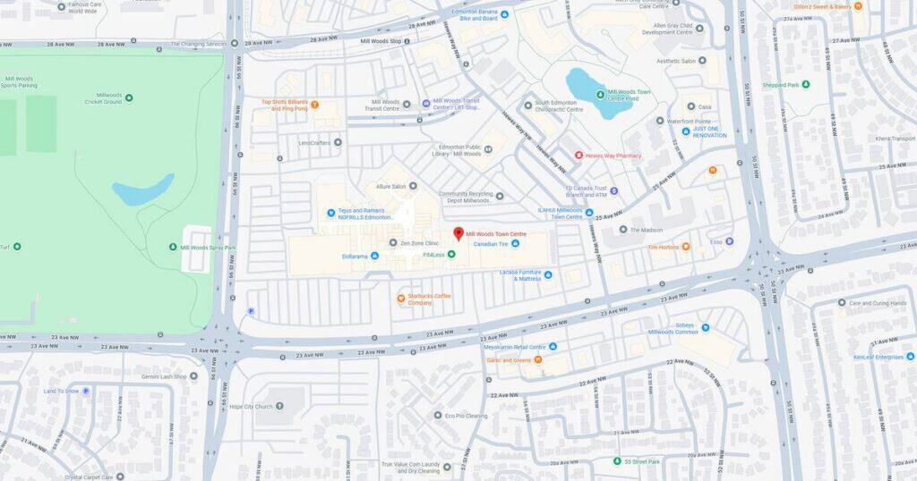 An detailed map showing streets, parks, and landmarks in a residential area, highlighting local amenities and neighborhood layout.